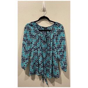 ZAC AND RACHEL Aqua Blue Multicolor Tie Front 3/4 Sleeve Blouse